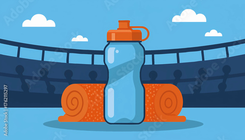 A water bottle and yoga mat in a sports stadium. Fitness, exercise, and hydration concept. Flat design vector illustration