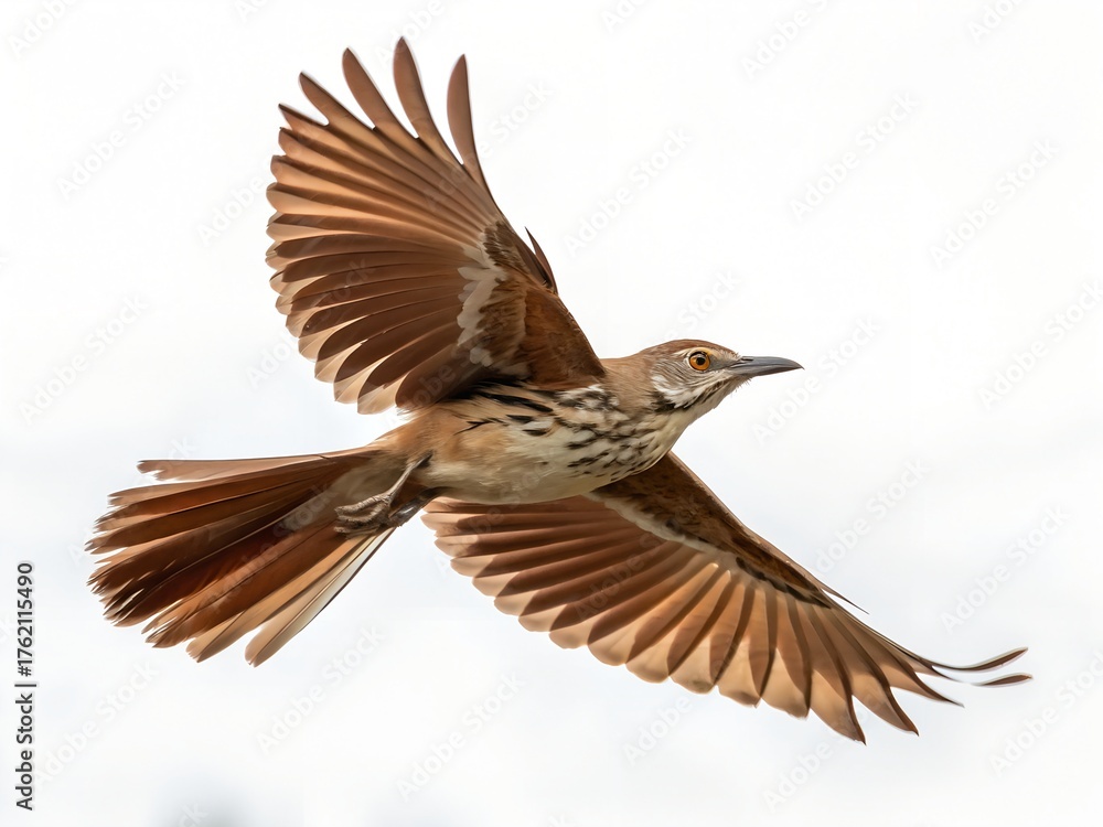 Fototapeta premium Brown Thrasher Flying Isolated on White Background