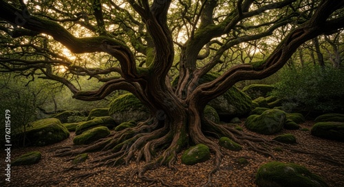 Ancient Mossy Oak Tree with Exposed Roots in a Mystical Forest