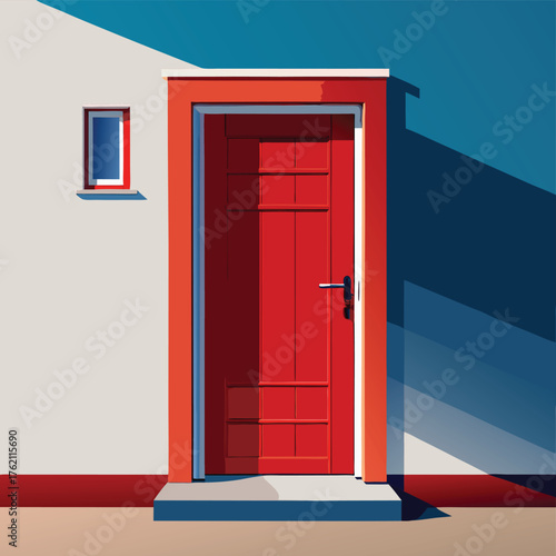 Vibrant red door on a white wall with blue sky shadow