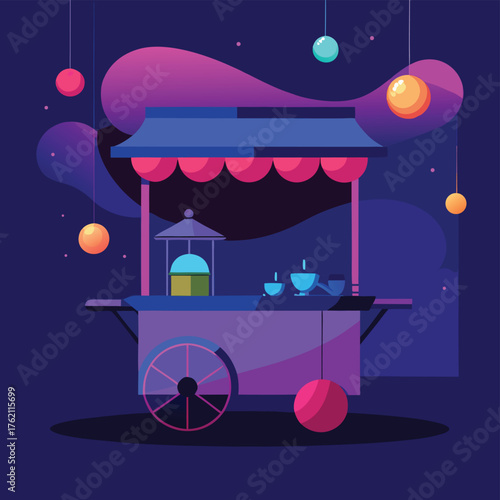 Vibrant night market food cart with lanterns