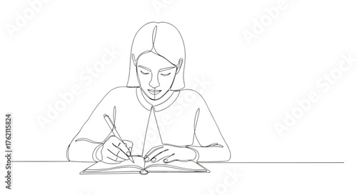 A delicate line drawing depicts a young woman writing in a book, focused and seated at a table, simple art