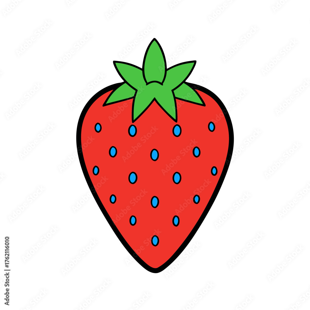 Fototapeta premium Simple cartoon strawberry with blue seeds on a black background