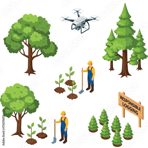 Sustainable Forestry Management with Drone and Tree Planting IsometricSustainable Forestry Management with Drone and Tree Planting Isometric