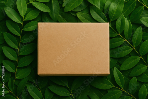 Eco friendly kraft paper box placed on lush green leaves background, symbolizing sustainable packaging and natural environment with fresh vibrant foliage