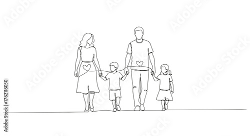 Continuous line drawing of a family with mother father son and daughter holding hands connected by a heart