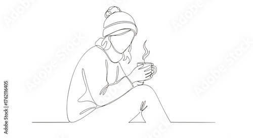 A continuous line drawing of a woman wearing a hat and holding a steaming mug of a hot beverage drink