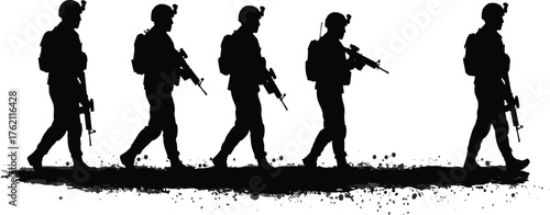 Military, soldiers, silhouette, patrol, armed, rifle, helmet, war, defense, combat, teamwork, gritty, motion, terrain, squad, battlefield, security, mission, tactical, operation