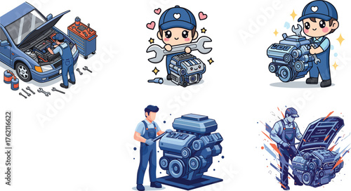 Car mechanic fixing engine