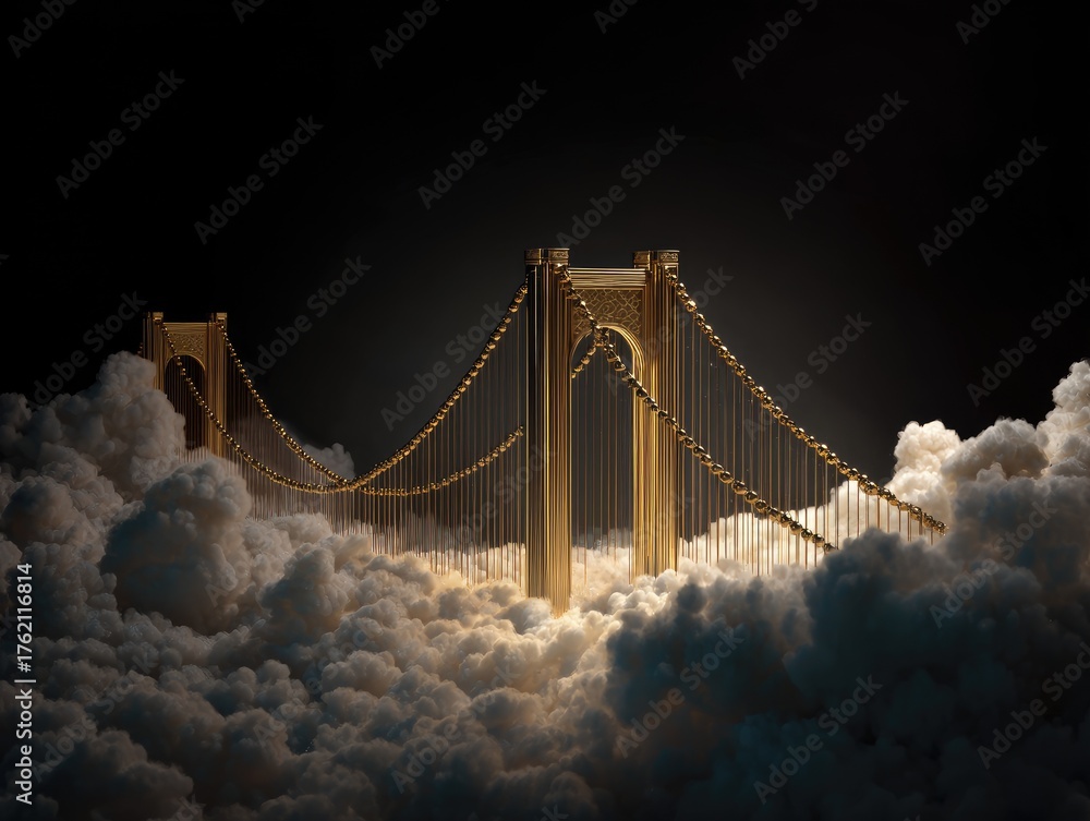 Fototapeta premium Golden bridge structure emerges from fluffy, white, cloud-like masses against dark background