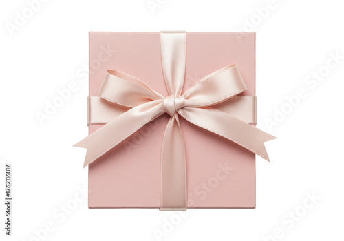 Elegant light pink gift box with satin ribbon and bow isolated, present for birthday or special occasion