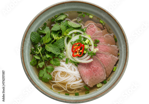 Pho Vietnamese beef noodle soup isolated, traditional cuisine with herbs, onions, and chili peppers in broth, no background