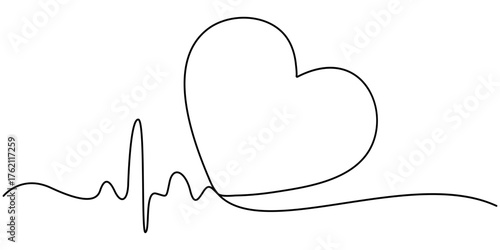Continuous one line drawing of heart beat, Heart in one continuous line draw illustration. Single line art heart sign. Editable stroke. outline Vector illustration. 