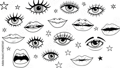 Collection of hand drawn black and white sketchy eyes and lips scattered across a white canvas