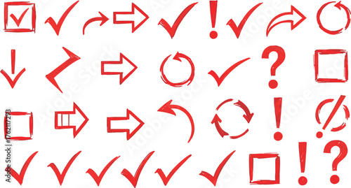 Hand drawn red checkmarks arrows circles exclamation points and question marks collection for design elements and symbols