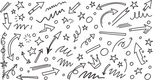 Hand drawn doodle arrows and stars chaotic sketchy elements isolated on for design