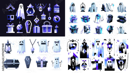 Modern flat vector illustration of Halloween icons: ghosts, lanterns, coffins, and gift boxes in blue and purple hues. Perfect for spooky holiday design, invitations, or seasonal decor themes.