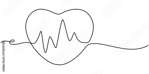 Continuous one line drawing of heart beat, Heart in one continuous line draw illustration. Single line art heart sign. Editable stroke. outline Vector illustration. 