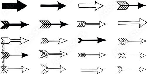 Collection of diverse arrow shapes and styles pointing right symbolizing direction movement progress and choice