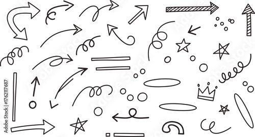 Hand-drawn arrow and doodle collection featuring stars crowns and swirls for creative projects