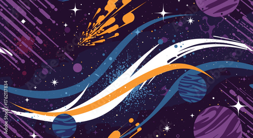 Dynamic cosmic nebula swirls with vibrant planets, stars, and shooting meteors