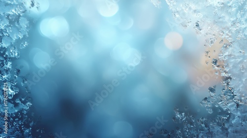 Blue frosted glass texture with soft bokeh lights, abstract winter background