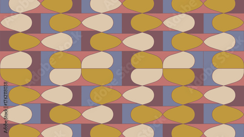 A repeating pattern of teardrop shapes in gold and cream with rectangular blocks in mauve and blue
