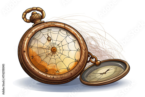 Ancient rusty pocket watch vector stopped at midnight, covered in dust and cobwebs, white isolated background