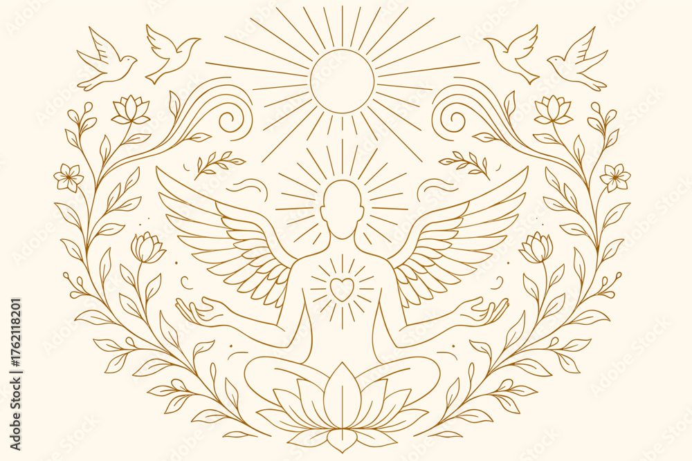 Fototapeta premium Enlightened Soul with Wings — Spiritual Awakening and Meditation Line Art