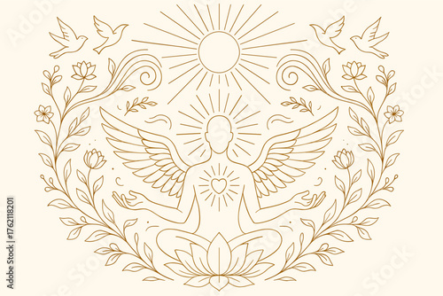 Enlightened Soul with Wings — Spiritual Awakening and Meditation Line Art