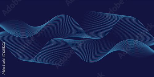 Abstract glowing wave lines on dark blue background. Dynamic wave pattern. Modern flowing wavy lines. Futuristic technology concept.