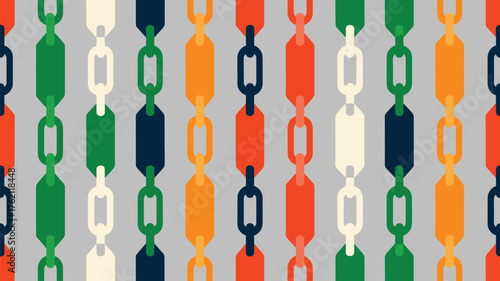 Colorful chain pattern featuring orange green cream and navy links on a gray background design element