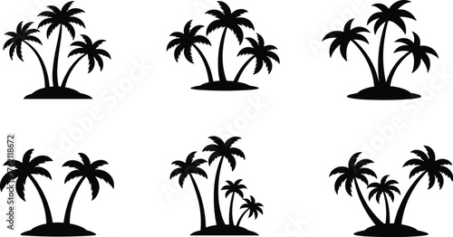 Palm tree silhouette, tropical island, black vector, summer beach, exotic nature, pape illustration, clipart, graphic