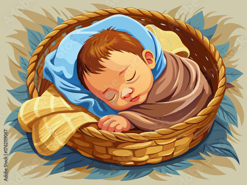 Realistic vector illustration of sleeping newborn baby in woven basket with soft blanket, natural light, cozy and peaceful atmosphere, detailed vector art