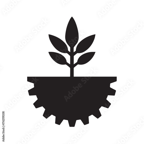 Black silhouette of a growing plant emerging from a stylized gear or cogwheel representing sustainable industry and agricultural technology innovation
