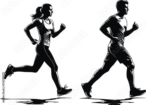 Dynamic Silhouettes of a Man and Woman Running, Depicting Fitness, Exercise, Health, and Sport Activities, Black and White Vector Illustration for Active Lifestyles and Wellness Concepts