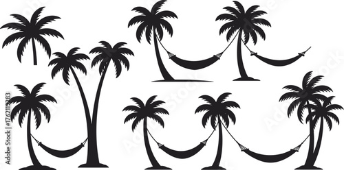 Palm trees, hammock, tropical silhouette, beach relaxation, summer vacation, travel icon, black vector, exotic escape, paradise scene, nature illustration
