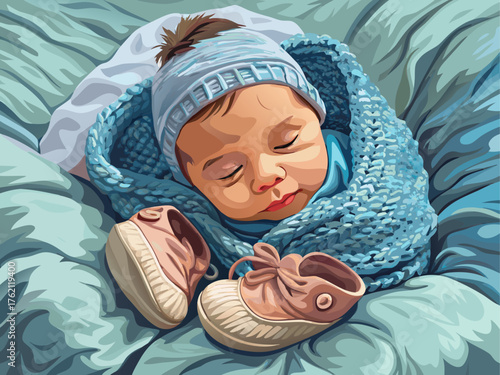 Realistic vector of newborn baby wearing tiny knitted booties, lying on soft blanket, gentle lighting, detailed realistic art with pastel background
