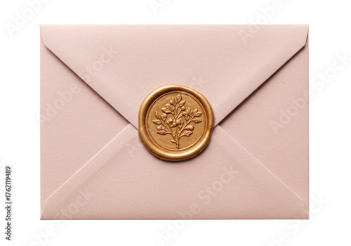 Elegant pink envelope with golden wax seal isolated, vintage stationery for invitations and special occasions