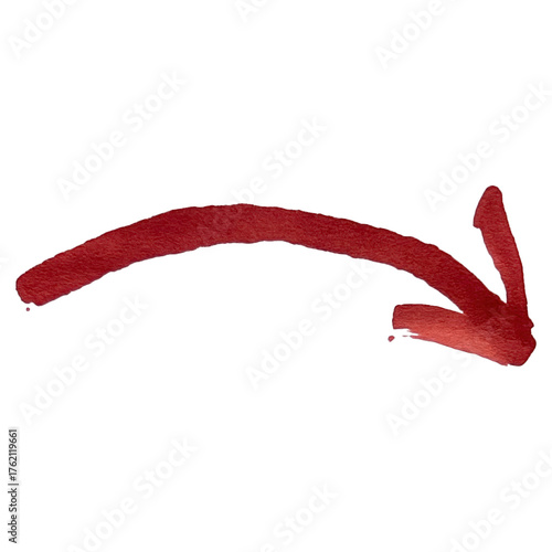 Curved red arrow pointing right and downward indicating directional movement and progress on a textured surface isolated on transparent background