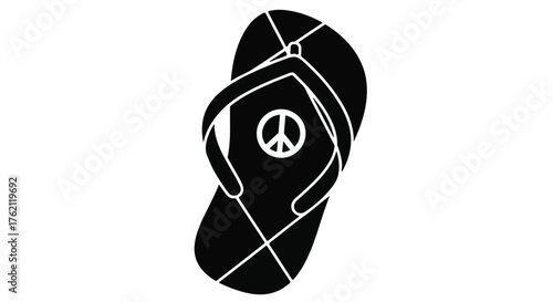 Stylized black flip-flop with peace symbol on white background