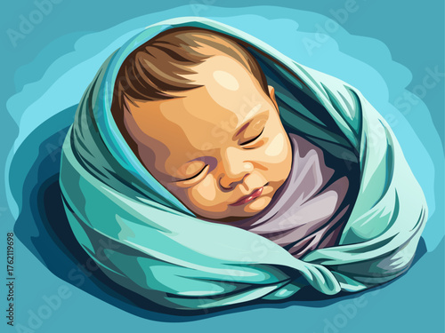 Realistic vector illustration of newborn baby wrapped in soft blanket, sleeping peacefully, gentle light, pastel background, detailed skin texture, calm and heartwarming newborn scene