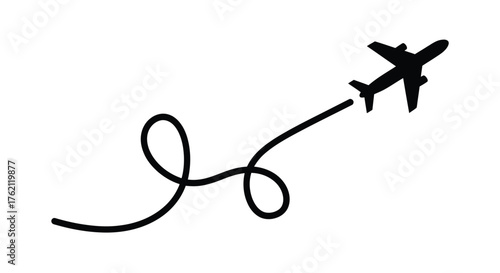 Black airplane with curved flight path travel journey