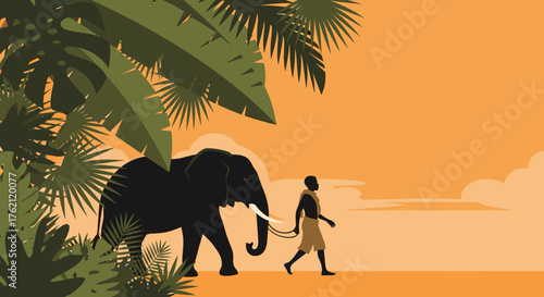 Silhouette of a handler with an elephant, ideal for promoting wildlife conservation and cultural tourism in environmental awareness campaigns