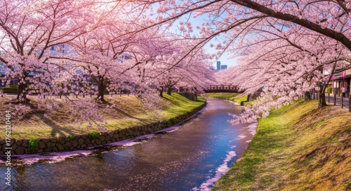 Beautiful Japanese Cherry Blossoms Blooming Along a River in Springtime Japan