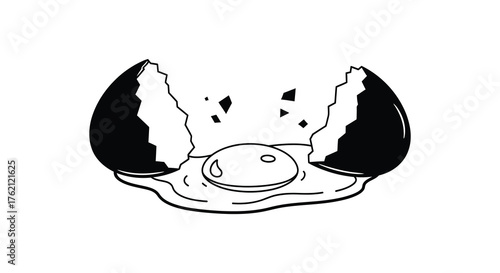 A cracked open egg with yolk spilling out in a simple black and white silhouette style