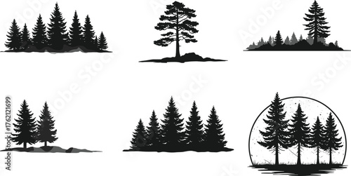 Pine tree silhouette, forest landscape, nature illustration, black and white art, outdoor scene, evergreen woods, misty pine, decorative design