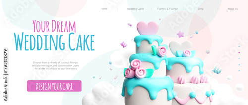 Your dream Wedding cakes 3D cartoon vector advertising landing page, creamy dessert decorated heart and rose candies
