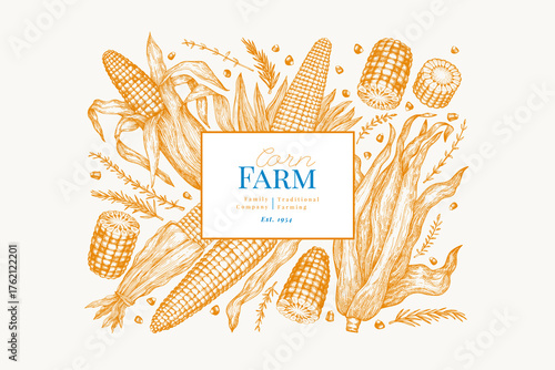 Hand Drawn Vector Sweet Corn Illustration. Not AI Generated. Autumn Seasonal Background. Fall Season Farm Banner. Vintage Harvest Design Template.