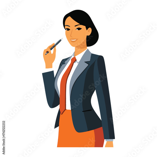 Confident businesswoman in a suit holding a pen looking thoughtful and ready for a business meeting or presentation